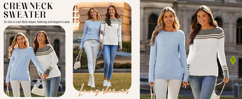 PASLTER Women Autumn Winter Colorblock Pullover Sweaters Round Neck Striped Slim Fitting Knitwear Tops Crewneck Womenswear