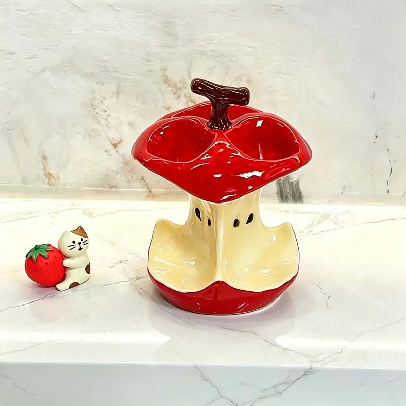 1 Pack Creative Apple Core Shaped Toothbrush Holder, Bathroom Countertop Organizer with Ceramic Base, 3 Slot Toothpaste Storage Rack for Bathroom and Vanity