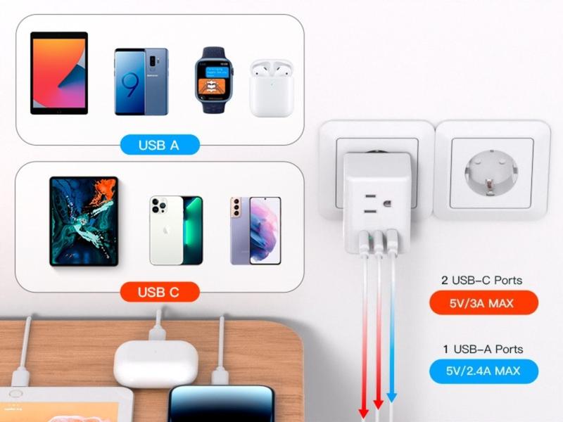 F-APT23  2 Pack European Travel Plug Adapter, International Power Plug Adapter with 3 Outlets 3 USB Charging Ports(2 USB C), Type C Plug Adapter Europe Travel Essentials to Spain Italy France