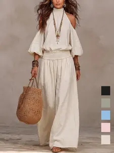 2 Piece Set European Style Loose Fit Linen Halter Neck Shoulder Reveal Vacation High Waist Wide Leg Pants Bohemian