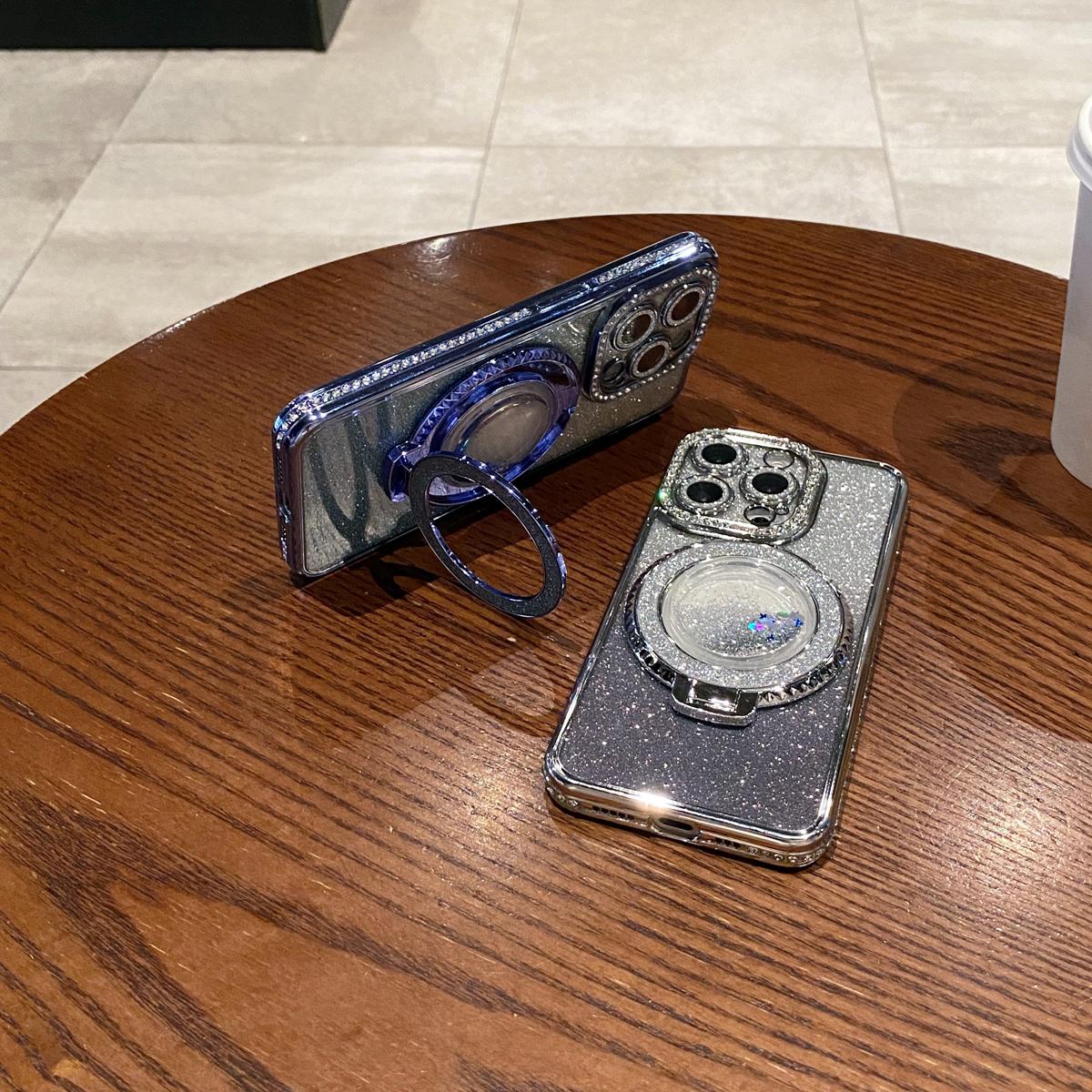 OREKROY Glitter Kickstand Case for iPhone 16 15 Pro Max 16 Plus 15/14/13/12, Luxury Bling Sparkly Diamond Rhinestones with Camera Protector Liquid Flowing Ring Stand TPU Bumper Women Girls Case Gift