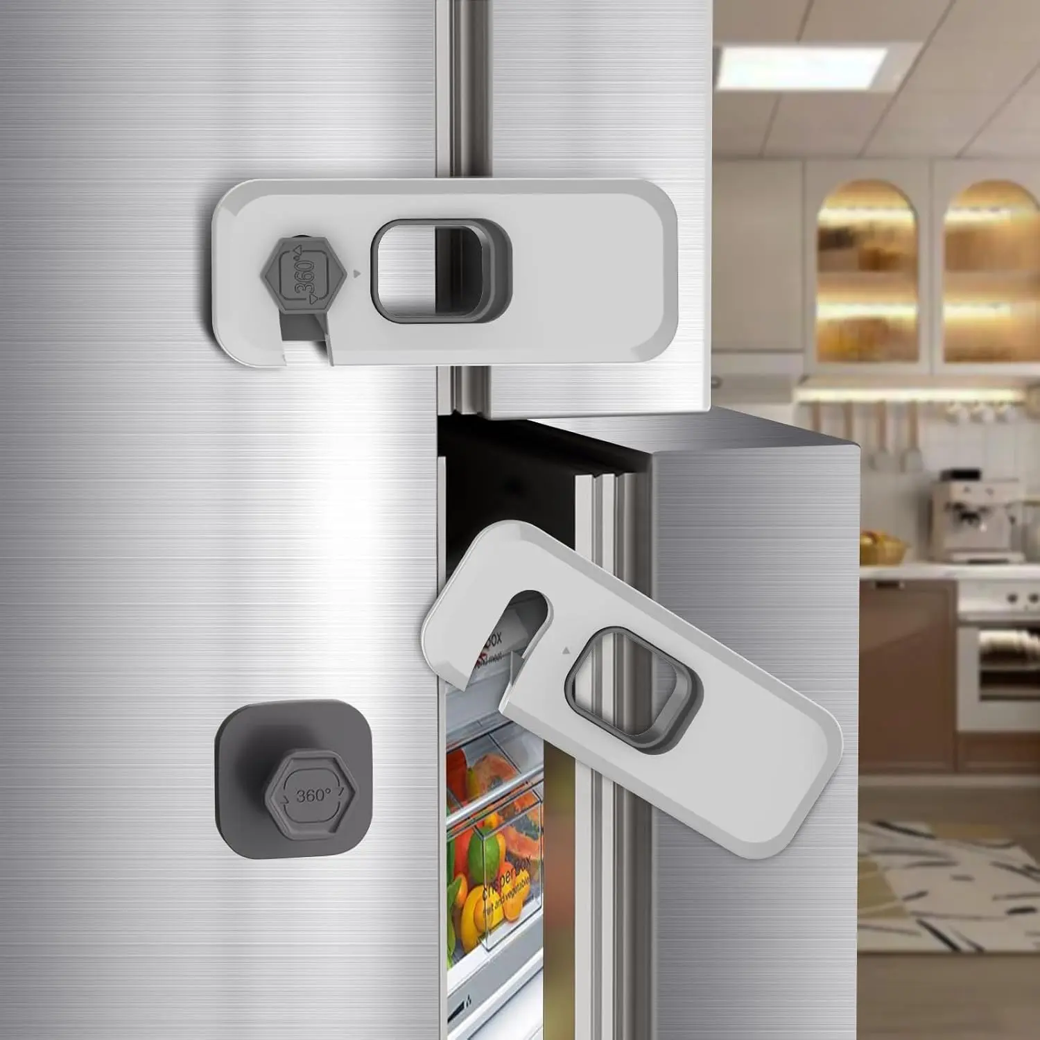 Fridge Locks with Self Adhesive, Refrigerator Latch for Cabinets, Freezer Door, Drawers, Child & Baby Proofing Safety Lock for Kids, Toddlers and Children (Grey-2pack)
