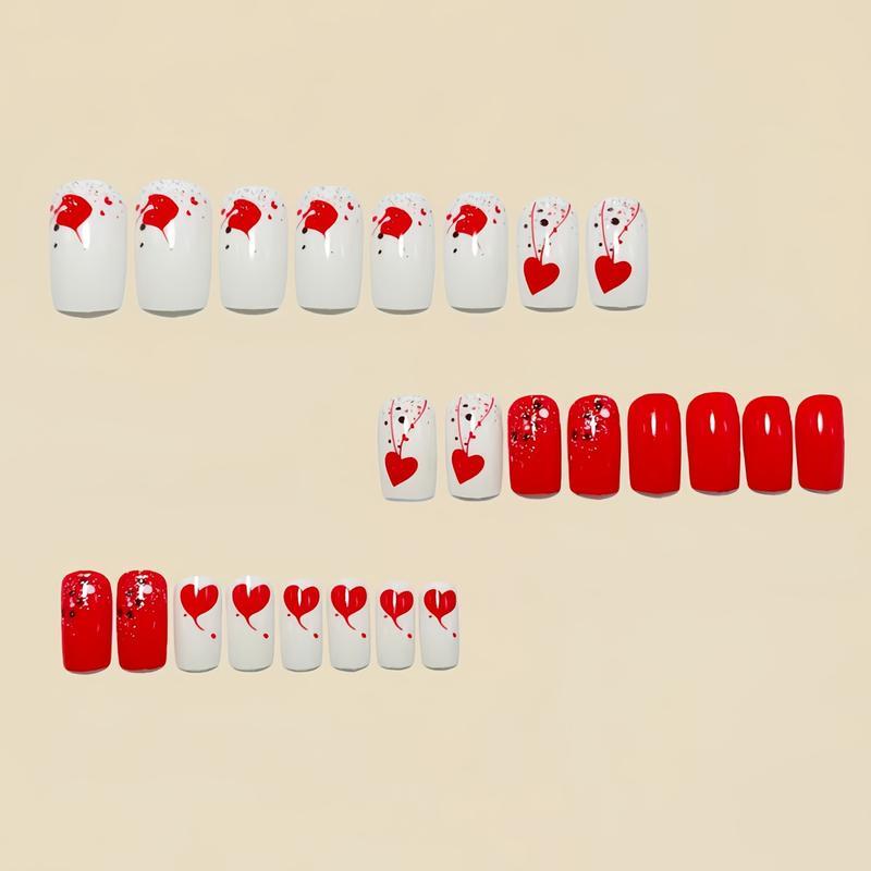 24PCS Valentine’s Day Press On Nails – Red Heart Smudge Design, Medium Long Square Fake Nails, Glossy Solid Color Manicure for Holiday Parties, Date Night & Everyday Wear