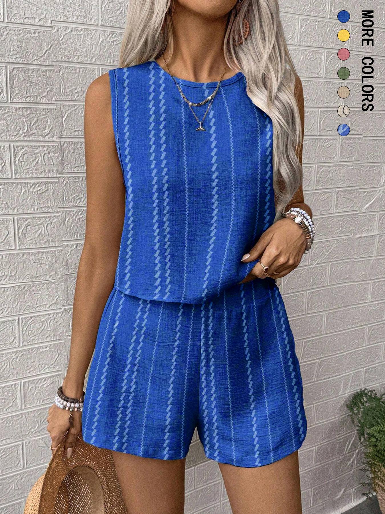 Two-piece Set Women's Striped Print Crop Tank Top & Shorts, Casual Sleeveless Round Neck Top & Shorts for Summer, Ladies Clothes for Daily Wear, Casual Matching Set