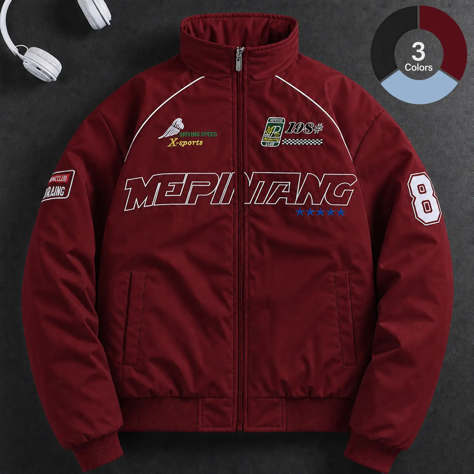 Men's Racing Style Bomber Jacket - Graphic Print with Patch Details, Stand Collar Design, Fleece Fabric Offers Comfort and Warmth, Perfect for Casual Street Style, Everyday Wear, or This Season's Trendy Sporty Look Coats Long Sleeve