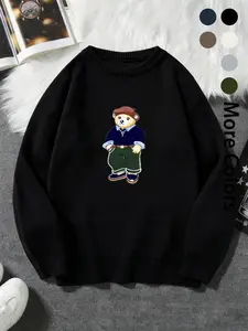 Autumn and winter new men's retro bear embroidery crew neck sweater, fashionable and versatile, multi-color optional, trend casual warm knitted sweater, comfortable design, suitable for daily wear and stacking, unisex, Casual Chic Knitwear