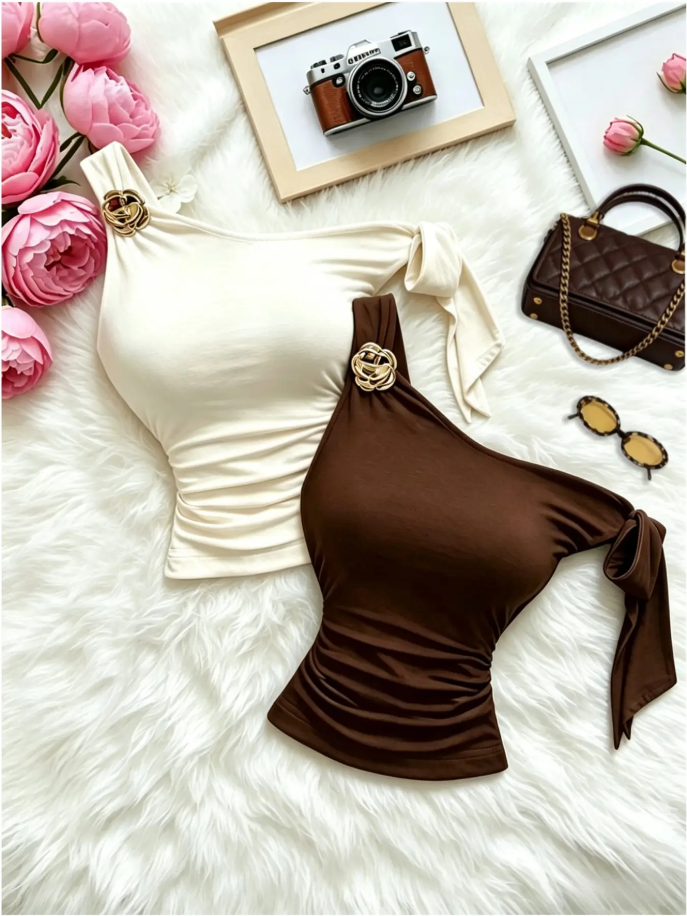 Women's Asymmetrical Shoulder Halter Top Set, Metal Buckle Single Strap Ruffle, High Stretch Slim Fit Waist Cinch Short Office Blouse, Casual Halter Top
