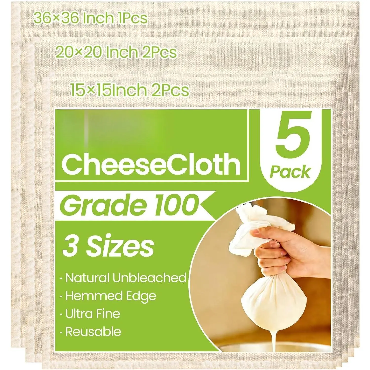 Cheese Cloths, 5 count  Cheesecloth for Straining Cooking | 3 Sizes  Cheese Cloth, Grade 100, Unbleached  Muslin Cloth with Hemmed Edges, 36x36/20x20/15x15 Inch