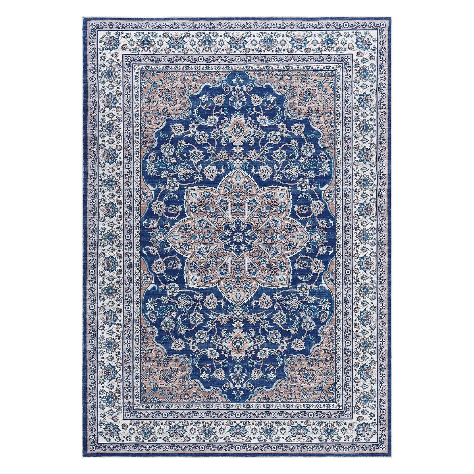Garvee Washable Area Rug, Low-Profile Large Area Rug with Non-Slip Backing & Durable Edge Binding, Vintage Large Rugs for Living Room, Bedroom, Dinning Room Blue 5 * 7ft