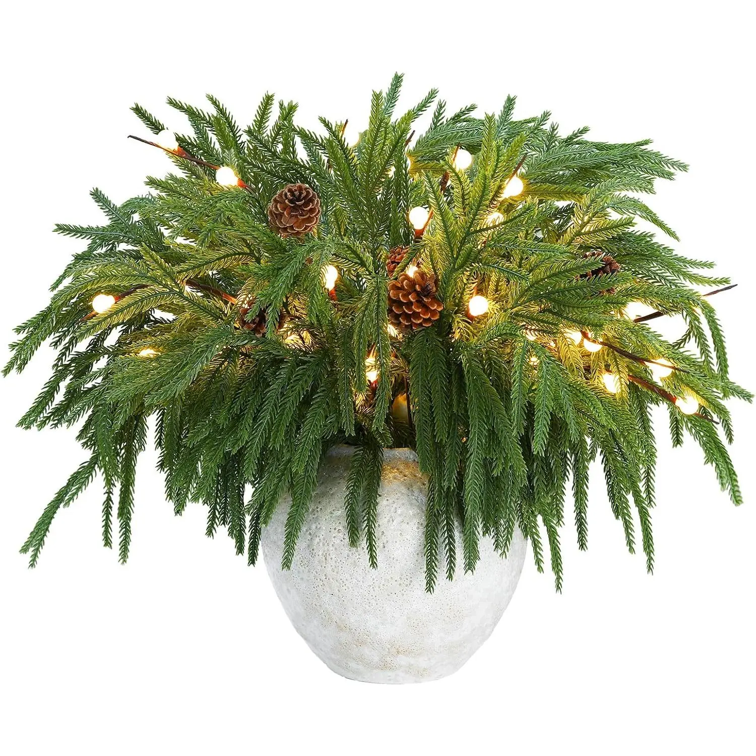 20 count Christmas Norfolk Pine Branches with Lights Set Includes 12 19.7 Artificial Pine Picks 2 Lighted Branch 6 Pinecones Faux Greenery Stems for Vase DIY Crafts Xmas  Decoration