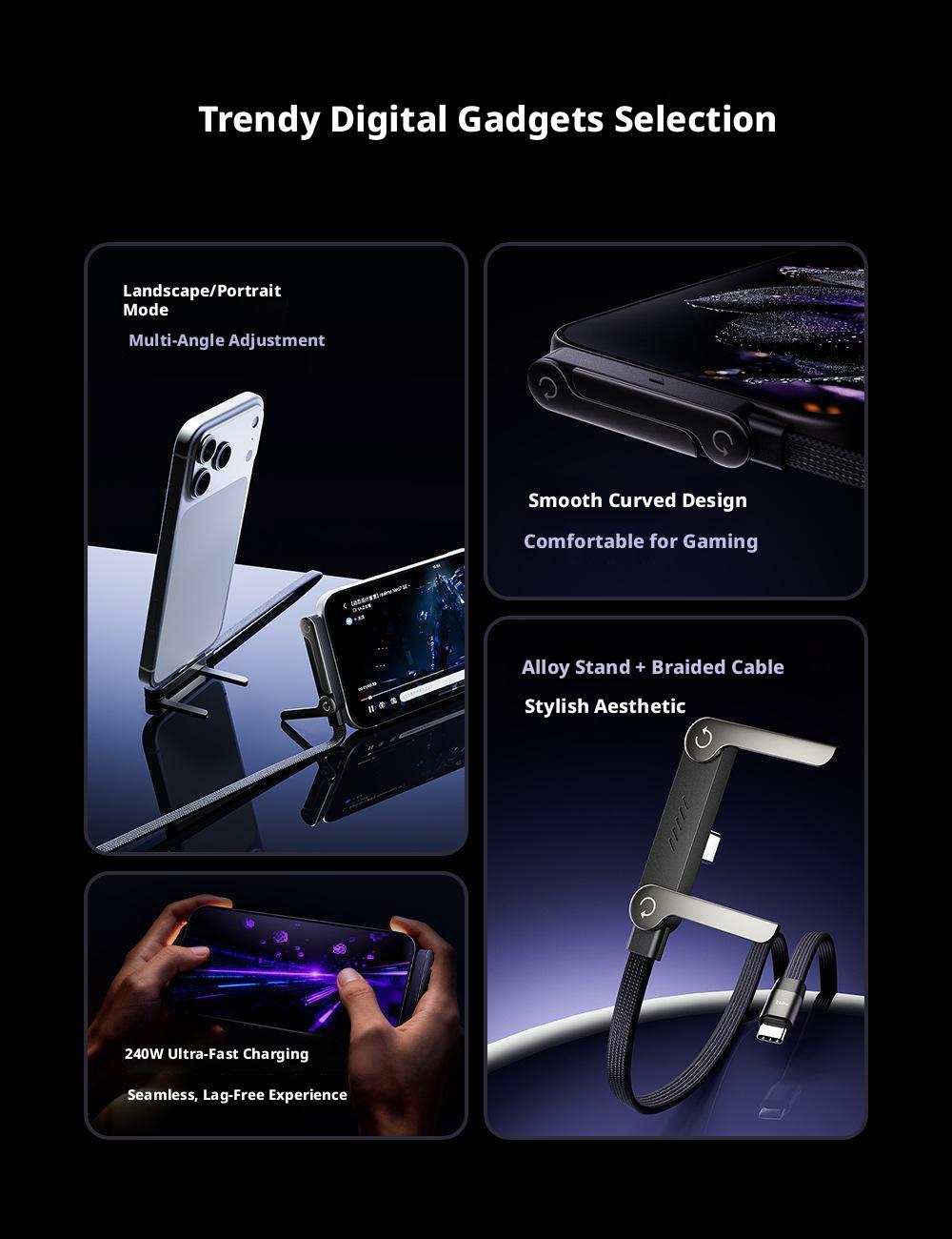 240W Fast Charging Multifunctional Phone Stand Charger Cable No Block Hand for Android iPhone 17 Portable Quick Charge