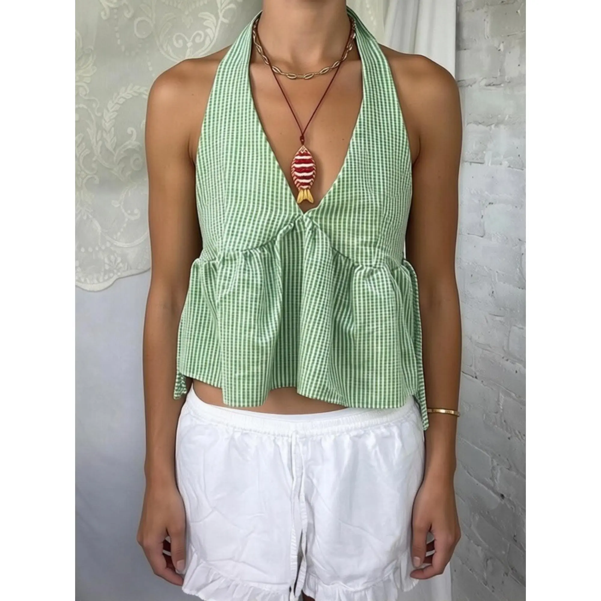 y2k Plaid Babydoll Tank Tops Women Tie-up Halter Neck Sleeveless Open Back Crop Vest Streetwear