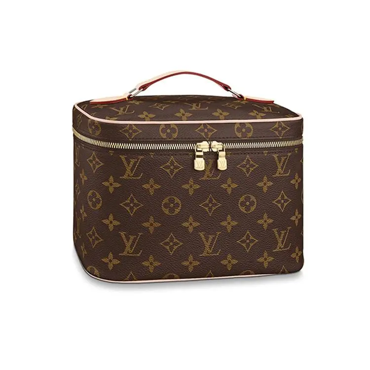Women's Louis Vuitton Canvas-Leather Zippered Cosmetics Bag - Small Mini Handbag, Travel Makeup Organizer, Brown Beauty Storage Pouch