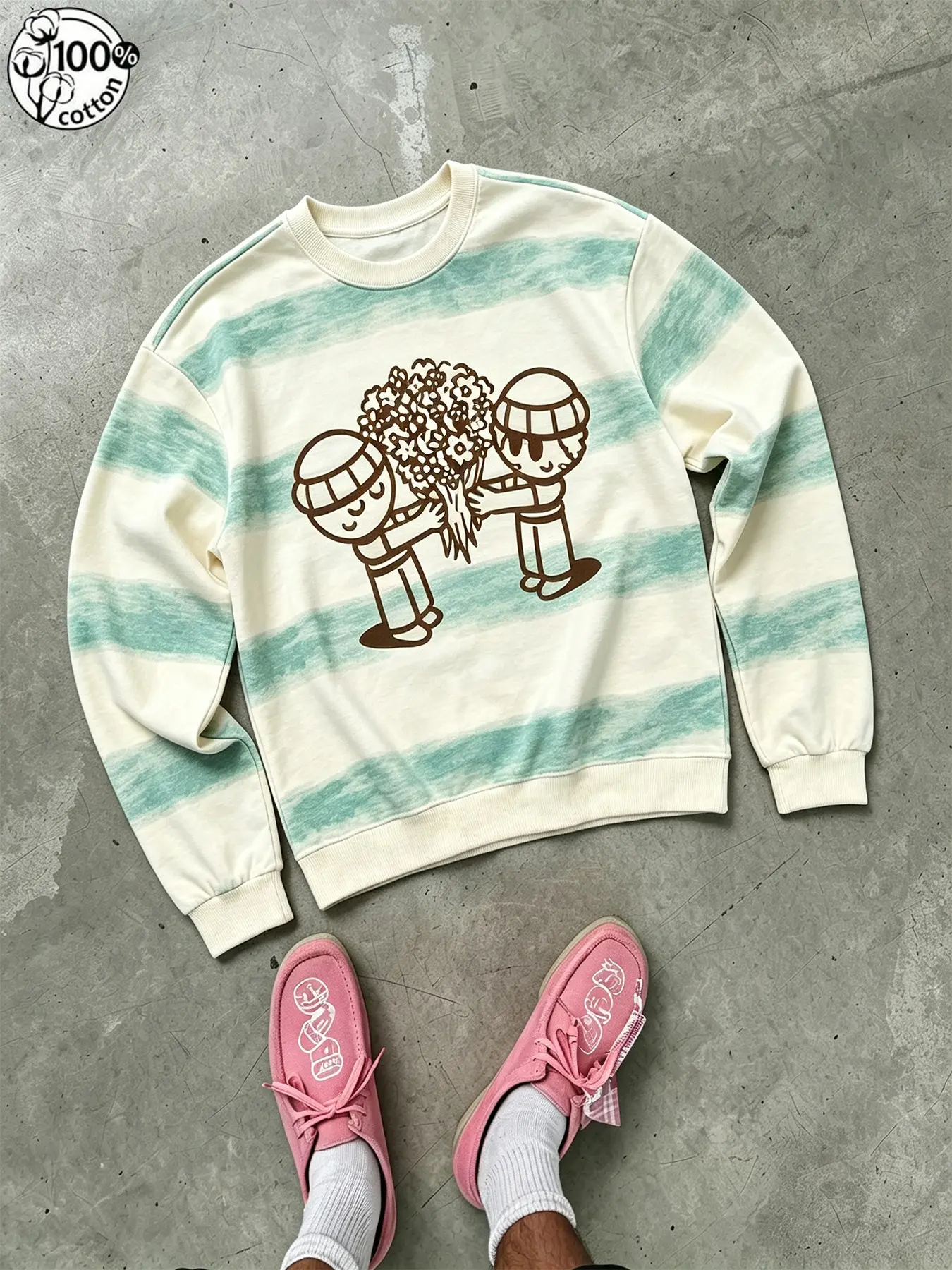 Cartoon Figure Flower Graphic Striped Crewneck Sweatshirt,100% Cotton Y2K Cute Aesthetic Pullover,Unisex Streetwear Top,Multi‑Color