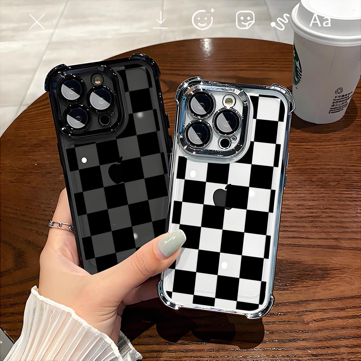 Black Checkered Pattern Phone Case , Electroplated Cover with Airbag Shockproof Slim Soft TPU Cover for iPhone X XS 11 12 13 14 15 16 17 Pro Max Plus Air Stylish