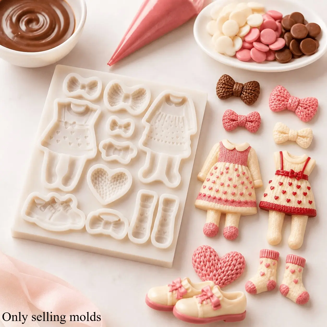Knitted Girl Silicone Candy Mold, Dress Bow Heart Shoe Chocolate Molds for Candy, Fondant, Gummy, Cake Decorating, DIY Dessert Making