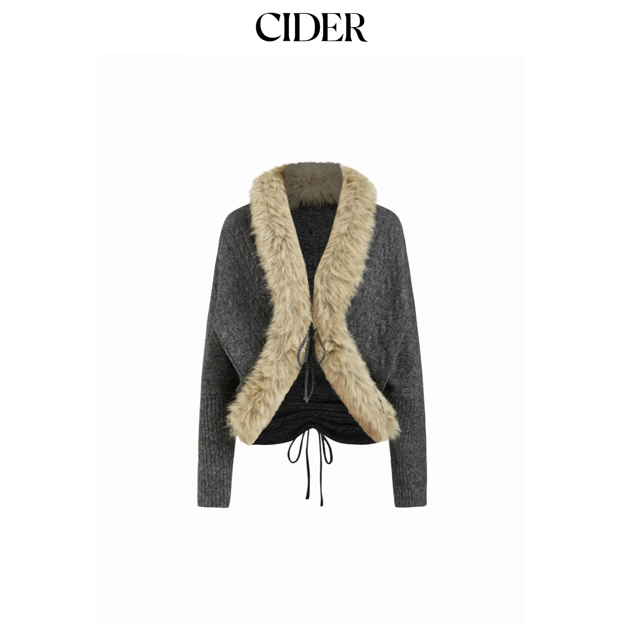 Cider Knit V-neck Faux Fur Trim & Drawstring Oversized Cardigan SummerFinds