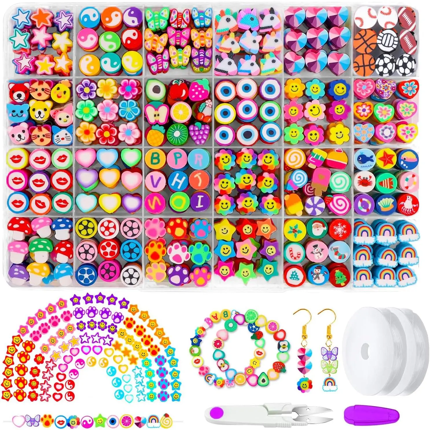 480PCS Fruit Flower Polymer Clay Beads, 24 Style Cute Heart Mushroom Clay Beads Charms for Jewelry Necklace Earring Making, DIY Bracelet Making Kit Accessories for Women Girls