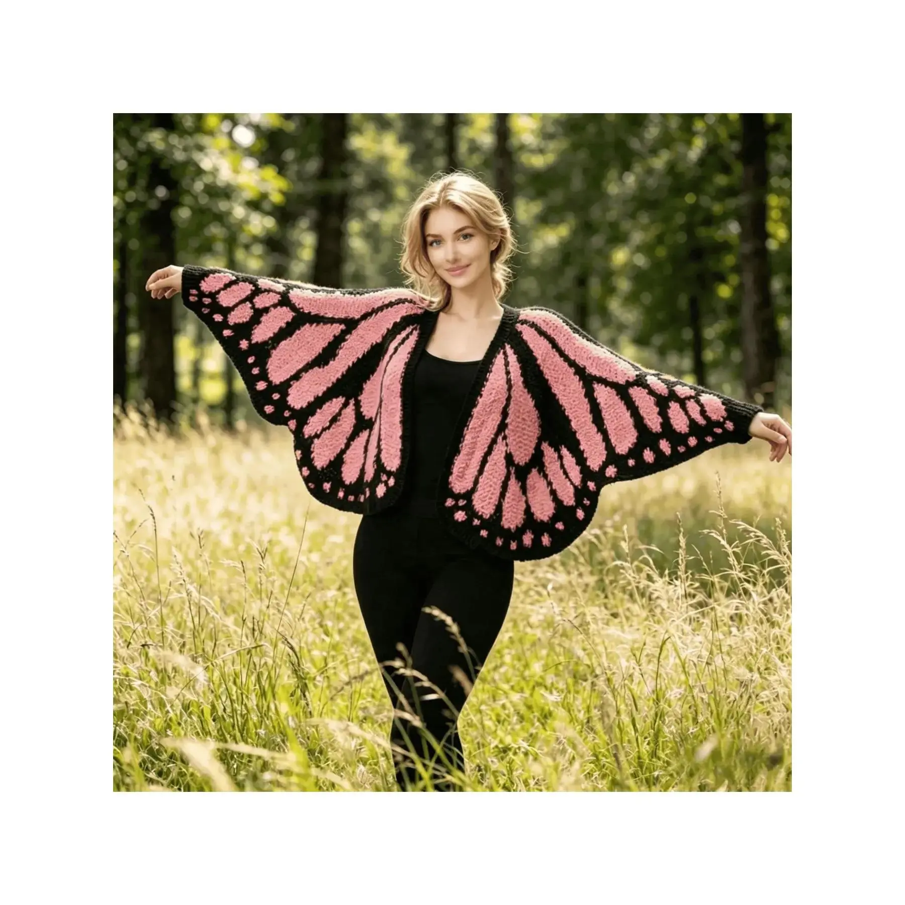 Butterfly Knit Cardigan Women Y2K Crochet Shawl Wrap, Oversized Batwing Sleeve Open Front Boho Fairycore Sweater, Aesthetic Pink Wing Cape Cozy Fall Outfit