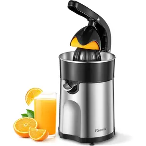 Electric Citrus Juicer Squeezer with Two Interchangeable Cones, Suitable for Orange Lemon Grapefruit, Brushed Stainless Steel, Easy to Clean and Use, Black+Silver
