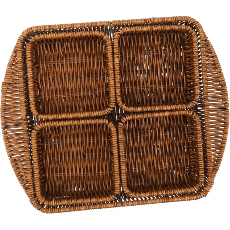 Imitation Rattan Divided Storage Basket, Multi Compartment Snack Organizer Tray, Woven Fruit Vegetable Serving Basket for Kitchen Countertop Cabinet
