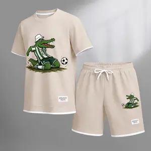 Men’s Cartoon Crocodile Soccer Graphic Waffle Knit Short Sleeve Shirt and Shorts Set, 2 Piece Summer Casual Athletic Outfit with Crew Neck Tee and Drawstring Shorts for Streetwear, Gym, Outdoor, Travel, Vacation and Daily Wear