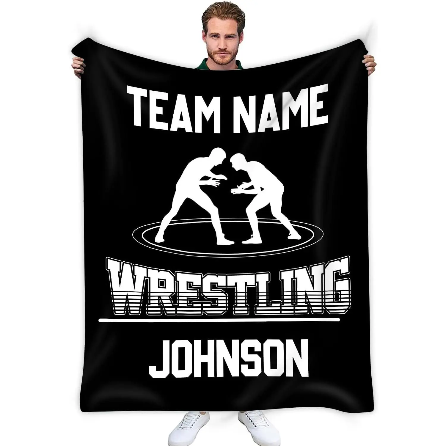 Personalized Wrestling Team Name & Wrestler Name Flannel Throw Blanket, Wrestling Mat Silhouette Graphic Soft Fleece Blanket, Custom Text Black Decor Blanket, Gift For Wrestlers, Wrestling Team & Coaches