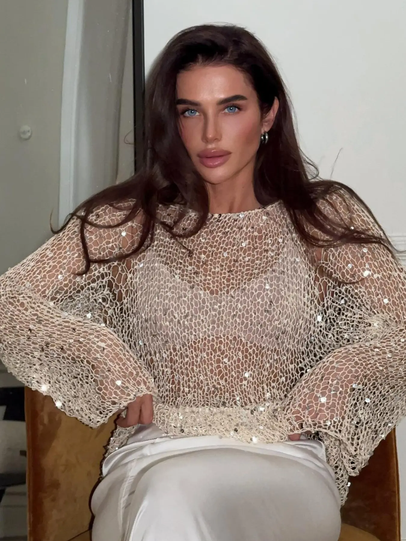 Sexy Sequined Knit Top, Slim-Fit Long Sleeve Top for Women, Unique Boho Style, Elegant Evening Wear