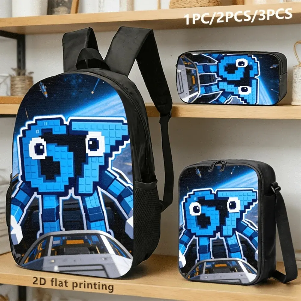 3pcs Backpack Set Pixel Blue Robot Monster Graphic Includes Durable Large-Capacity Bookpack & Insulated Lunch Bag & Multi-Functional Pencil Case A For School Travel Daily Use, 17in Bookpack