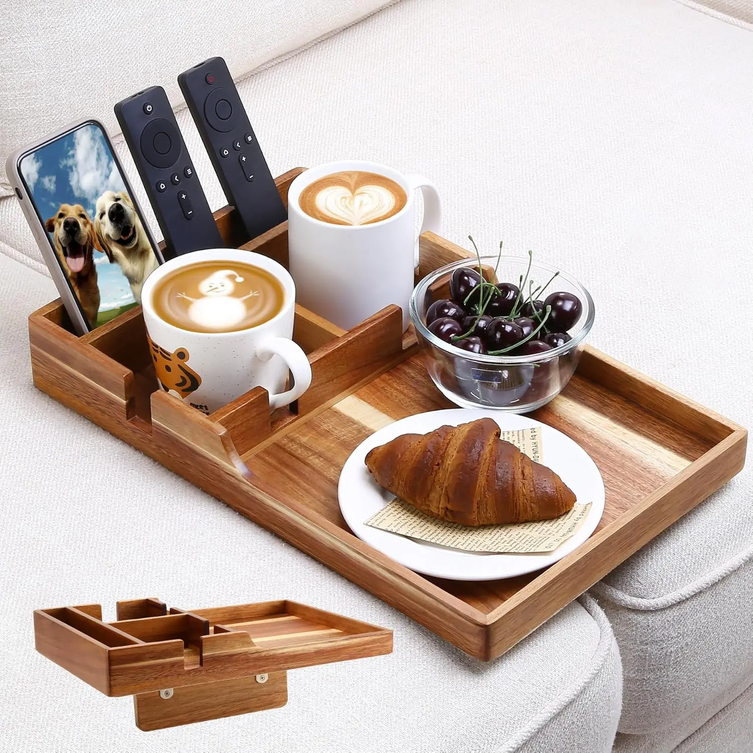 Couch Tray Insert with Cup Holder,2-in-1 Insert & Flat Sofa Organizer Acacia Wood with 2 Cup Holders,Fits Middle Couch or Ottomans,for Snacks, Drinks, Remotes,15.35x9.84-inch