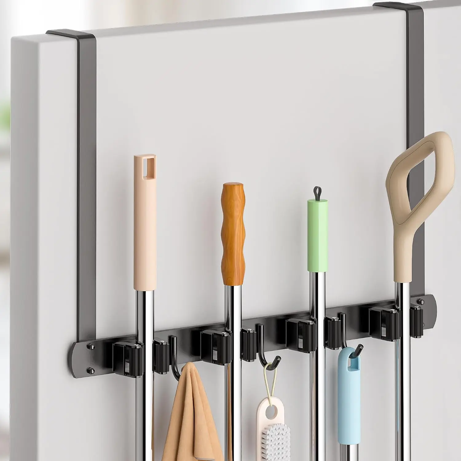 Broom Holder Over The Door - 304 Stainless Steel Mop and Broom Holder Wall Mounted or Hanging Over The Door with Hooks - Broom Hanger, Broom Storage Tool Organizer for Garage Closet Laundry