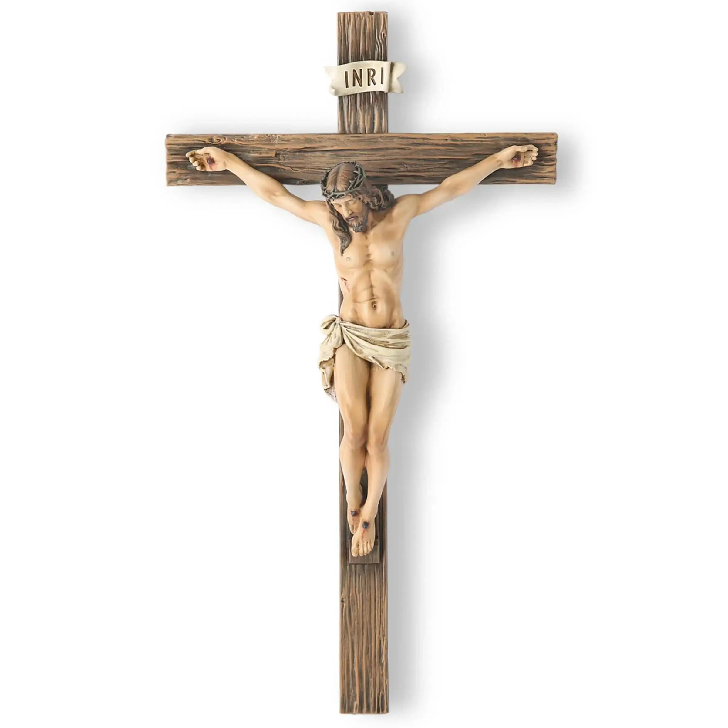 BC Catholic Crucifix Wall Cross for Home Decor Realistic Wooden Look Jesus Christ Statue INRI Resin Hanging Religious Gift for Altar Church Chapel