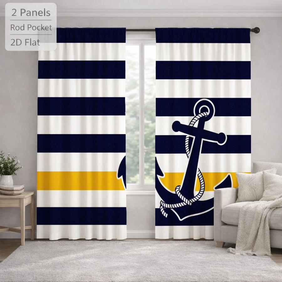 2Pcs Nautical Style Anchor Horizontal Stripes Sun Blocking Curtains Digital Printed Rod Pocket, Window Treatment For Bedroom Office Kitchen Living Room Study Home Decor