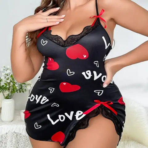 [Plus Size] Heart & Letter Print Cami Nightdress, Comfortable Lace Trim Bow Decoration for All Seasons, Women's Sleepwear for Indoor Wear, Printed Nightgown