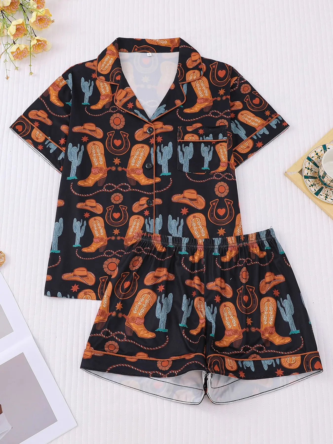 Women's 2-Piece Western Style Pajama Set, Loungewear Nightwear Set, retro all-over print with cowboy boots, hats, cacti and horseshoes, Lapel short sleeve top with chest pocket, elastic waist shorts, soft comfy fabric for all-season casual home loungewear