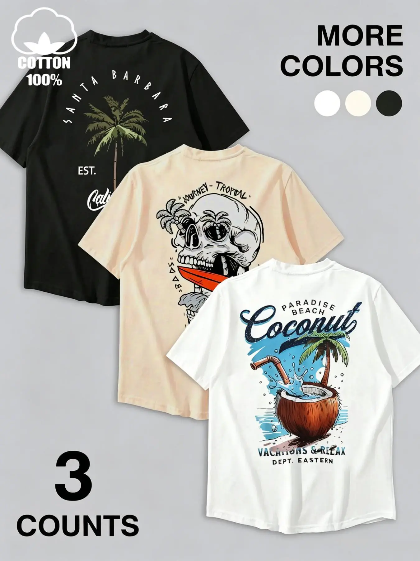 Large Size Men's 3-Pack 100% Cotton Loose T-Shirts, Tropical Print, Beach Palm Tree/skeleton Surf Short Sleeve, Summer Casual Streetwear Fashion