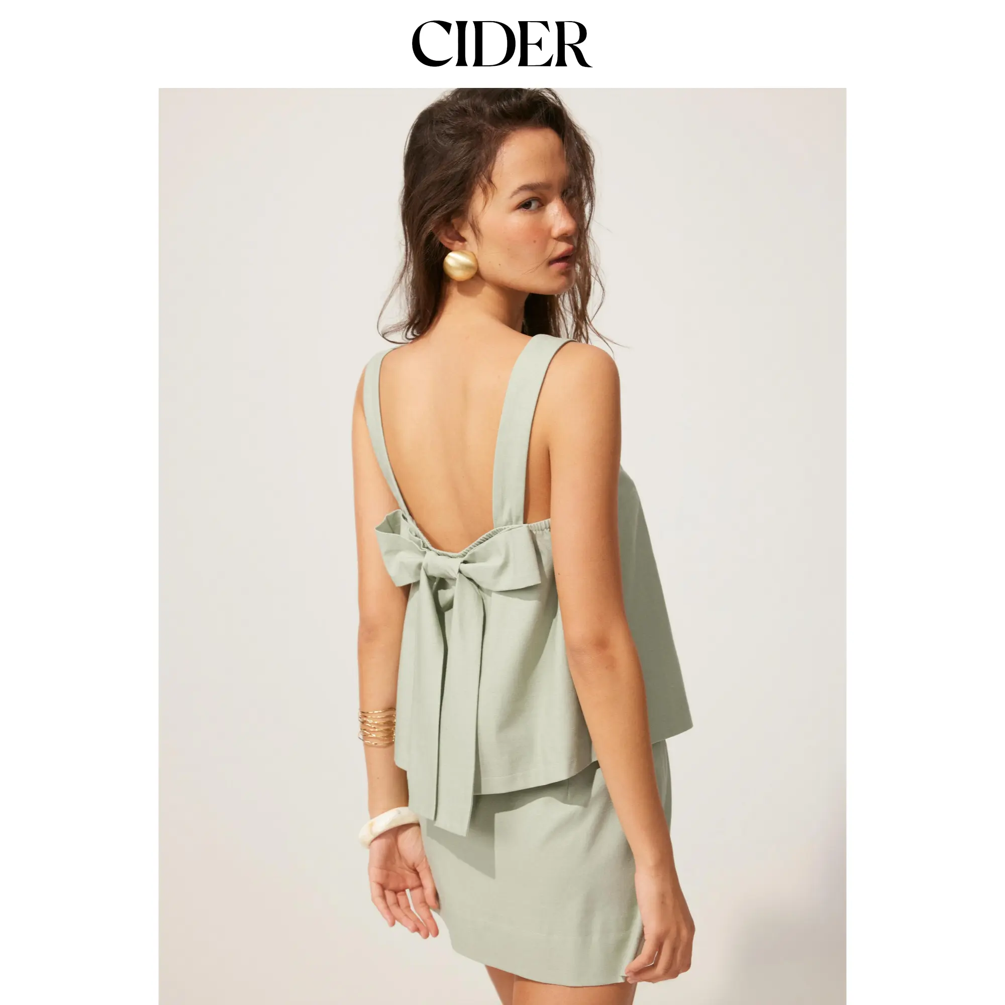 Cider Linen-blend Square Neck Bowknot Top & Mid Rise A-line Mini Skirt Set SohoChic