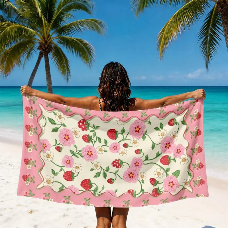 1pc Vintage Strawberry Floral Beach Towel, Pink Border with Red Berries and Garden Flowers, Absorbent and Sand Resistant with Charming Vacation Style, for Beach, Pool and Travel, Gift for Women