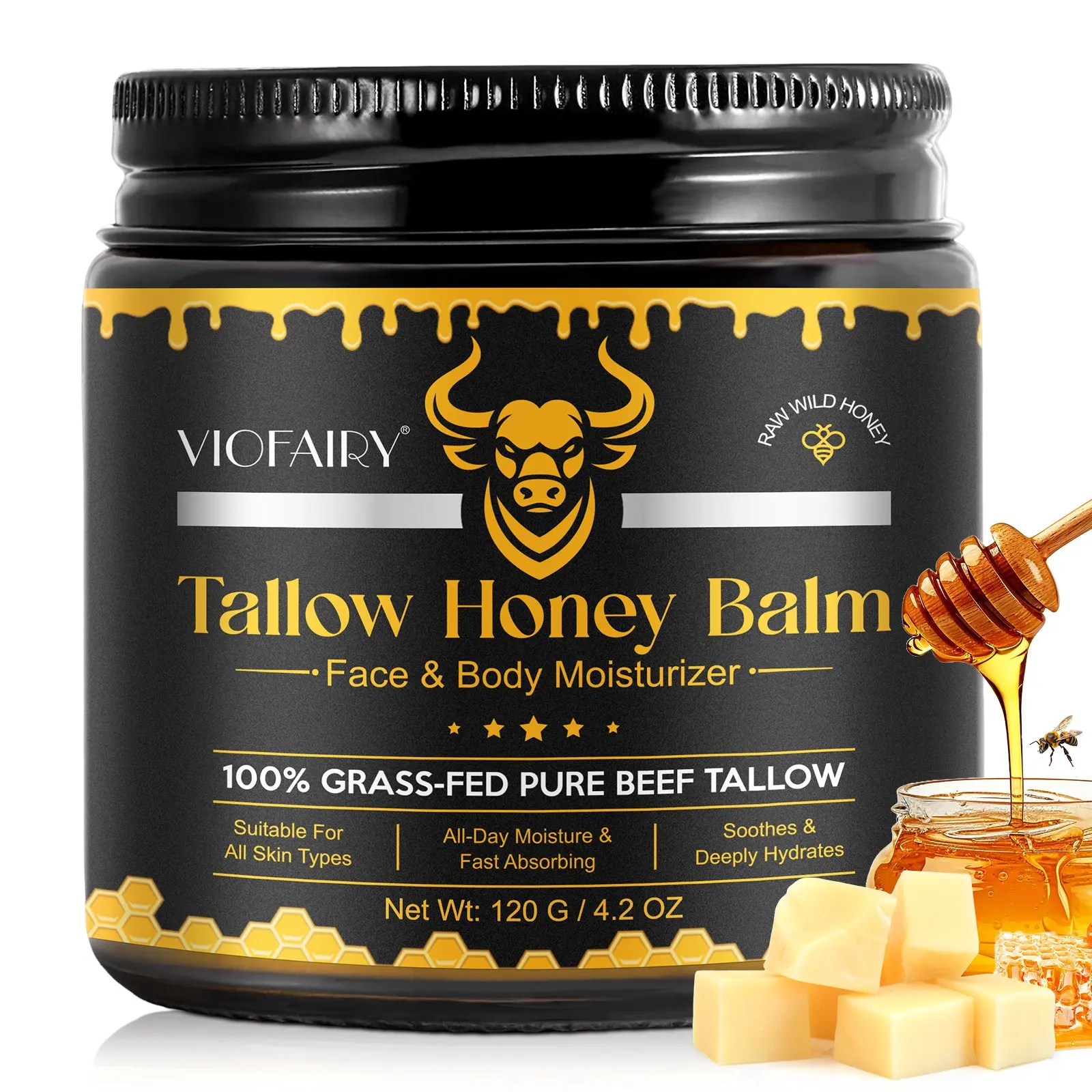 Viofairy Beef Butter Honey Cream 120g Moisturizer Cream, Rich in Cla and Vitamins a D E K, Deep Moisturizing Formula, Face Body Moisturizing, Pure Beef Butter, Suitable for All Skin Types