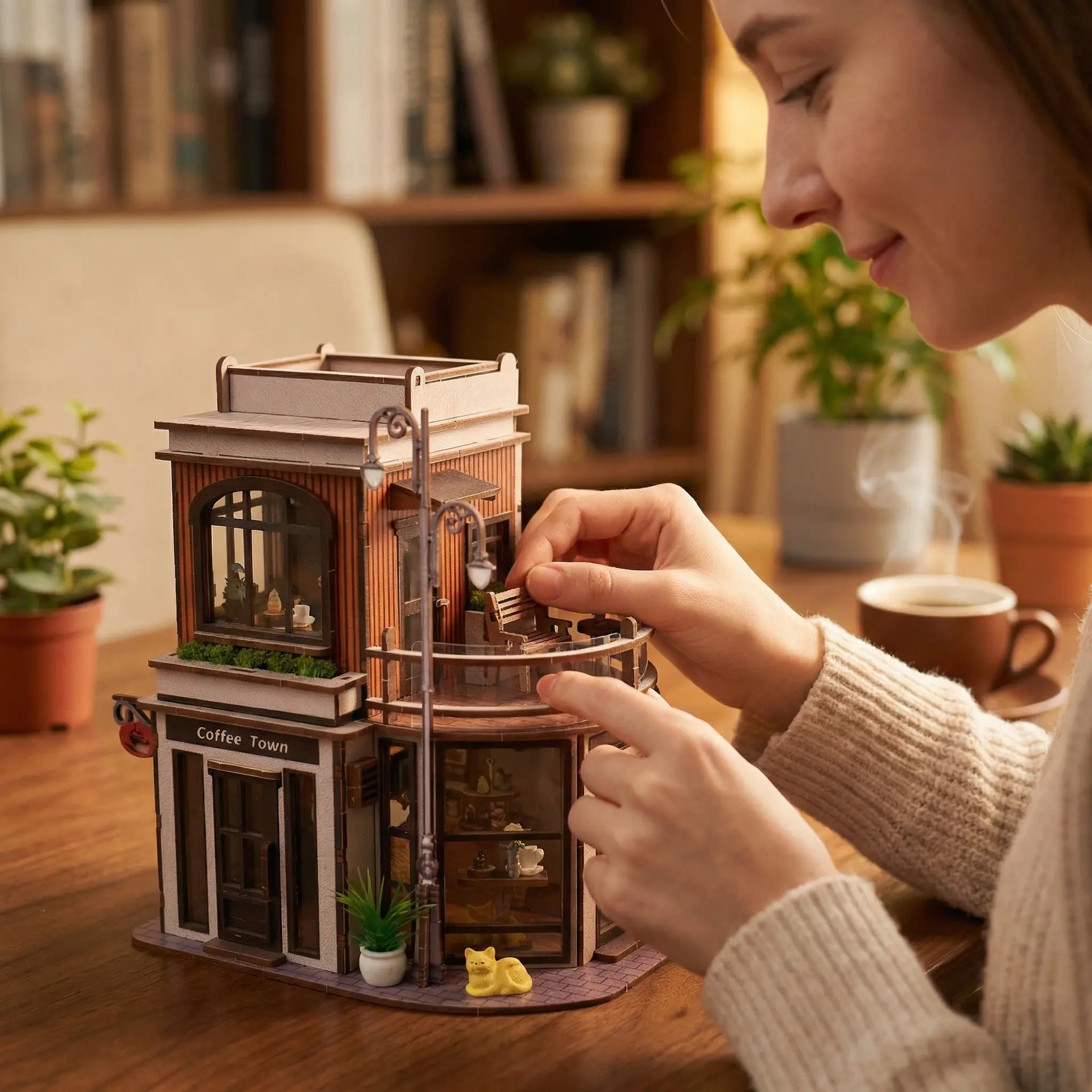 New DIY Miniature House Coffee Shop Bookend 3D Puzzle Wooden Assembly Handmade Architectural Model Decoration toy gift decorative book nook kit building classic design bookshelf decor journal planner alley build chinese feng shui hot dish couple home
