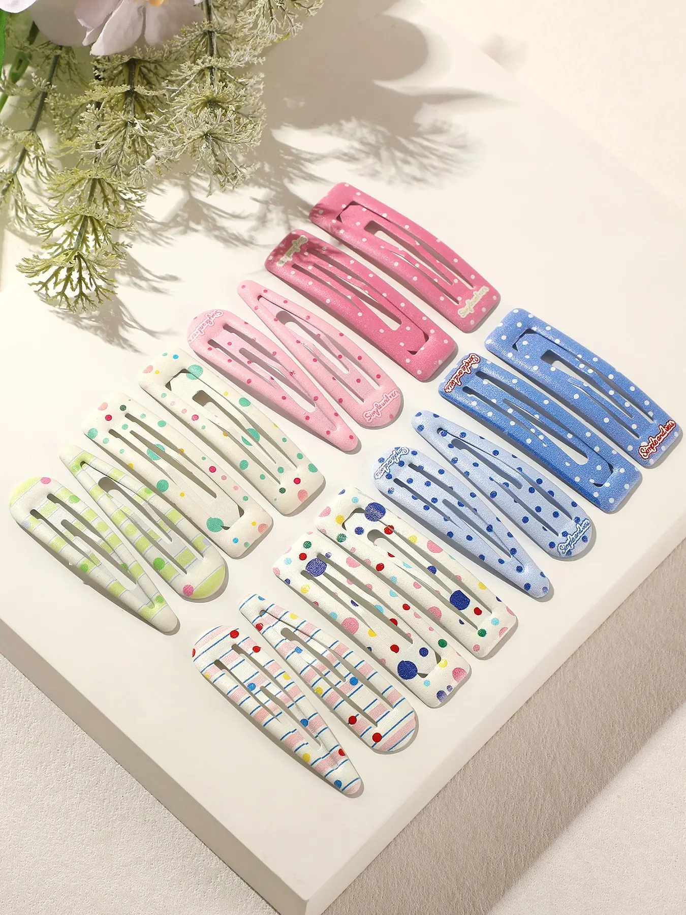 16pcs Cute Colorful Polka Dot Striped Flat Fun Hair Clips for Women, Multi-Color Options, Perfect for Outing, Makeup, and Hair Fixing