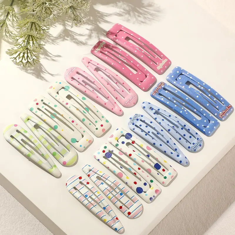 16pcs Cute Colorful Polka Dot Striped Flat Fun Decorative Hair Clips for Women, Multi-Color Options, Perfect for Outing, Makeup, and Hair Fixing