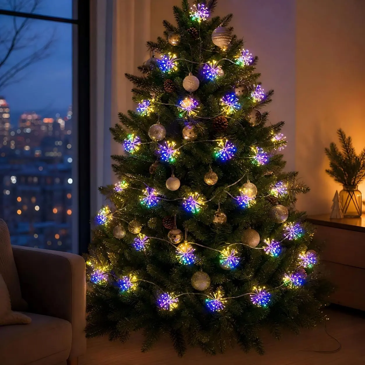 LED Fireworks String Lights, Christmas Tree Starry Night Lamp, Firecracker Festival Decor, Waterproof USB LED Bulbs, Perfect for Holiday Decorations