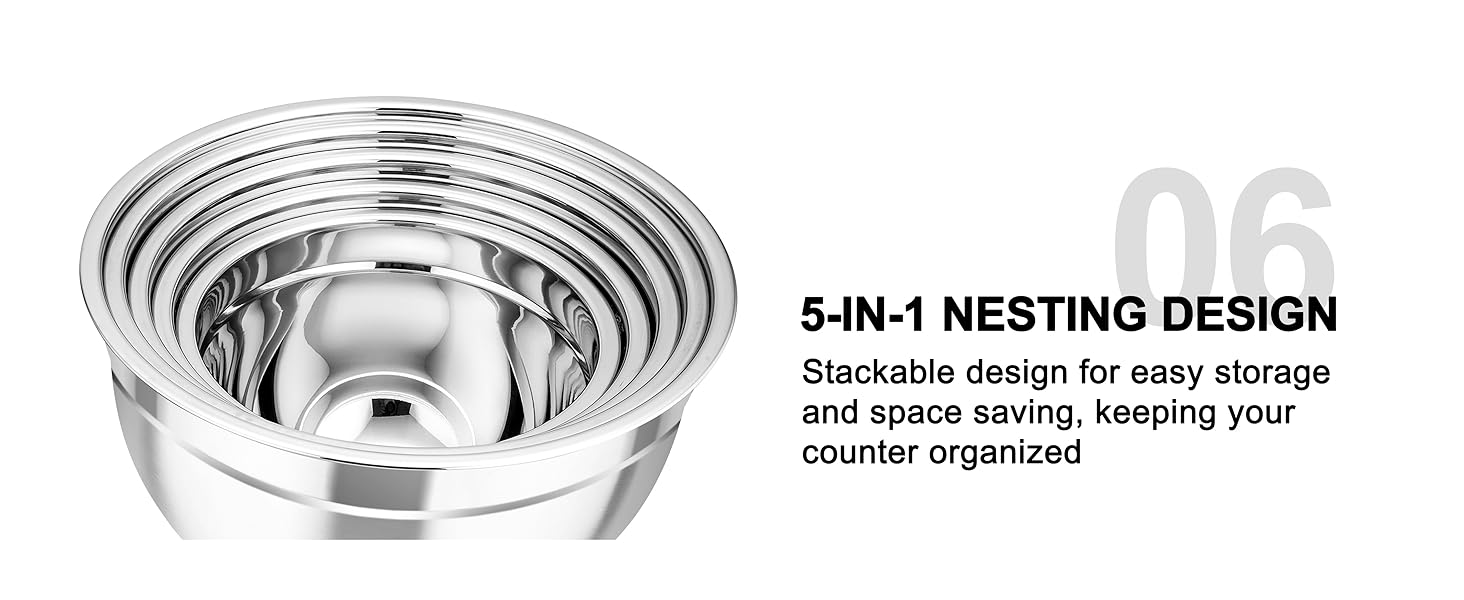 Mixing Bowls with Airtight Lids, 5PCS Stainless Steel Metal Salad Bowl with 3 Grater Attachments, for Cooking, Prepping, Serving, Healthy & Easy Clean - 0.7/1/1.5/2.6/4.6QT, Khaki