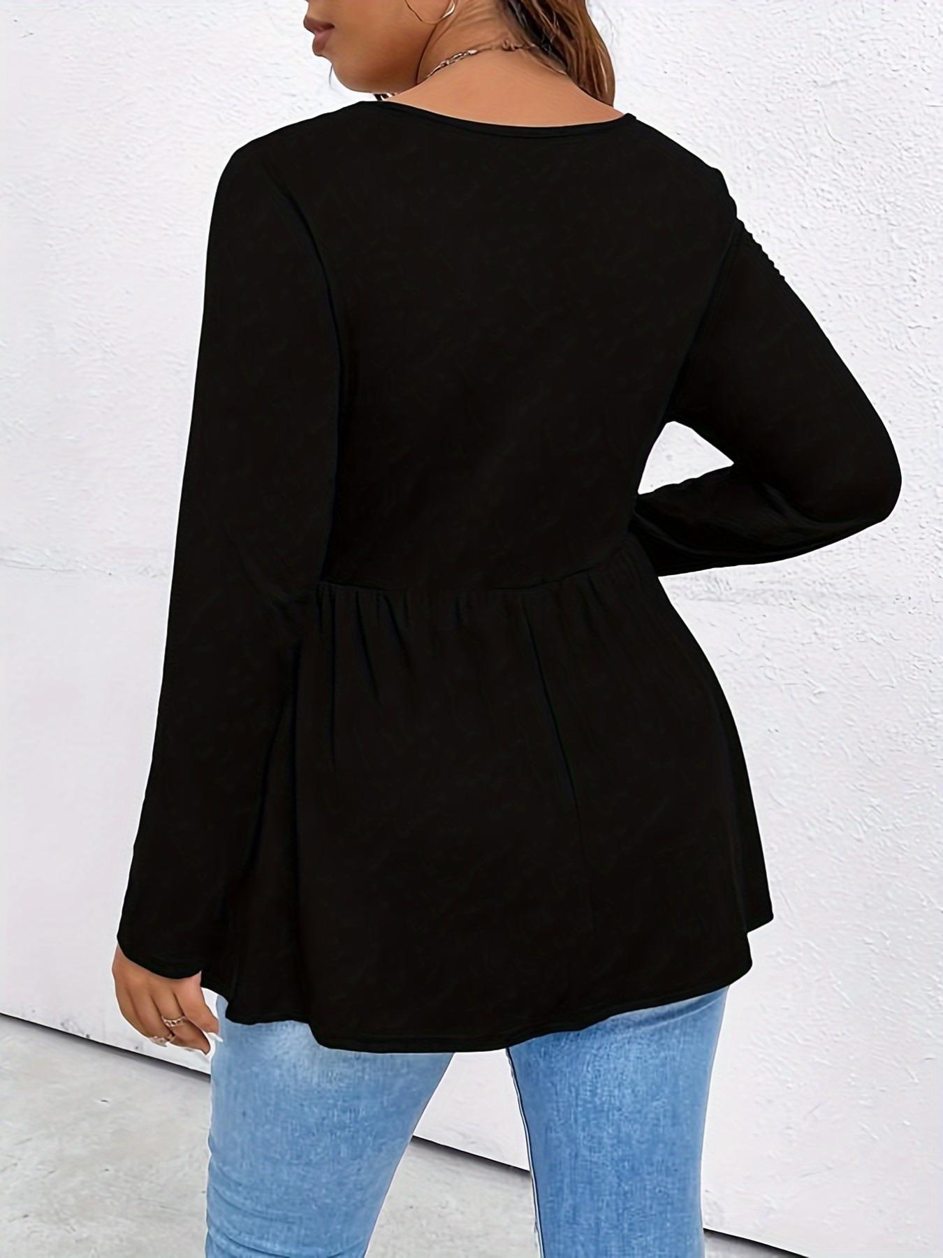 Plus Size Fitted Solid Ruched Peplum Tee, Casual Elegant Square Neck Long Sleeve T-shirt for Spring & Fall, Women's Plus Clothing for Daily Wear