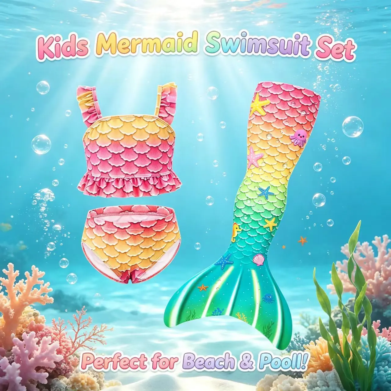 Girls Mermaid Bikini Swimsuit Set, Cute Shell Print Children Vacation Swimwear, Princess Performance Swimming Outfit, 3PCS Ruffle Top Bikini Bottoms Bathing Suit, Swimwear Sets, Toddler Swimsuit, Ruffle swimsuits
