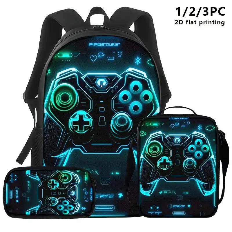 1PC/2PCS/3PCS, Gamepad Backpack Set - Vivid Blue and Black, Lightweight Polyester School Bag with Lunch Bag and Storage Bag, Hand Wash Available, Zip Closed, Perfect for Travel or Going Out, School Bag | Game Theme Design