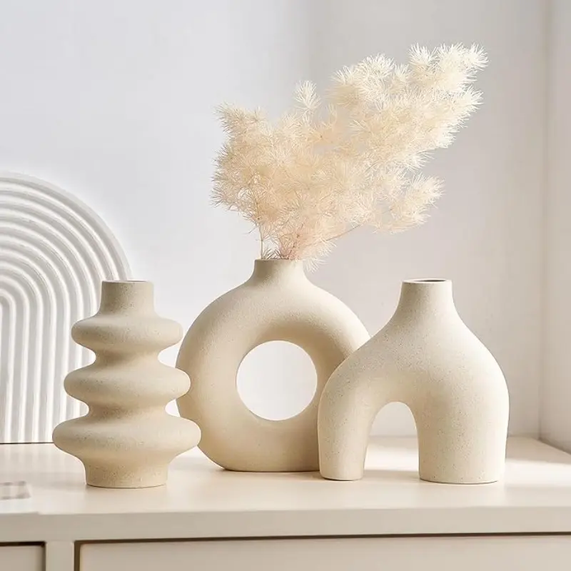 A set of 3 ceramic flower vases, small vases, suitable for growing bluegrass | Modern Bohemian style decorative vases, round white vases, suitable for weddings, living room, bedroom, coffee table, dining table