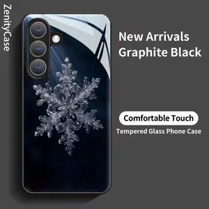 Phone Case - Shining Crystal Snowflake with Glowing Light Rays Black Tempered Glass Phone Case for Samsung for Galaxy S26 S25 S24 S23 S22Pro S21 S20 Fe Plus Ultra Pro A56 A55 A54 A53 A52 A51 A36 A35 A34 A32 A26 A25 A24 A23 A16 A15 A14 A06 A05 A03s