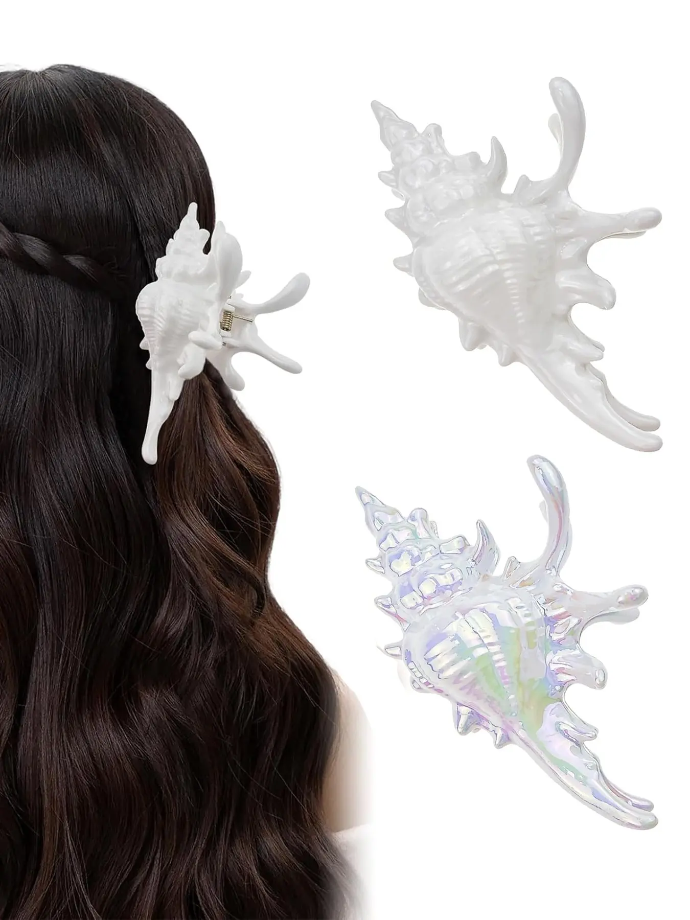 2 Pack Conch Hair Clips for Women, Beach Ocean Seashell Large Hair Claw Clips, Mermaid Accessories, Tropical Hair Accessories for Thick and Thin Hair